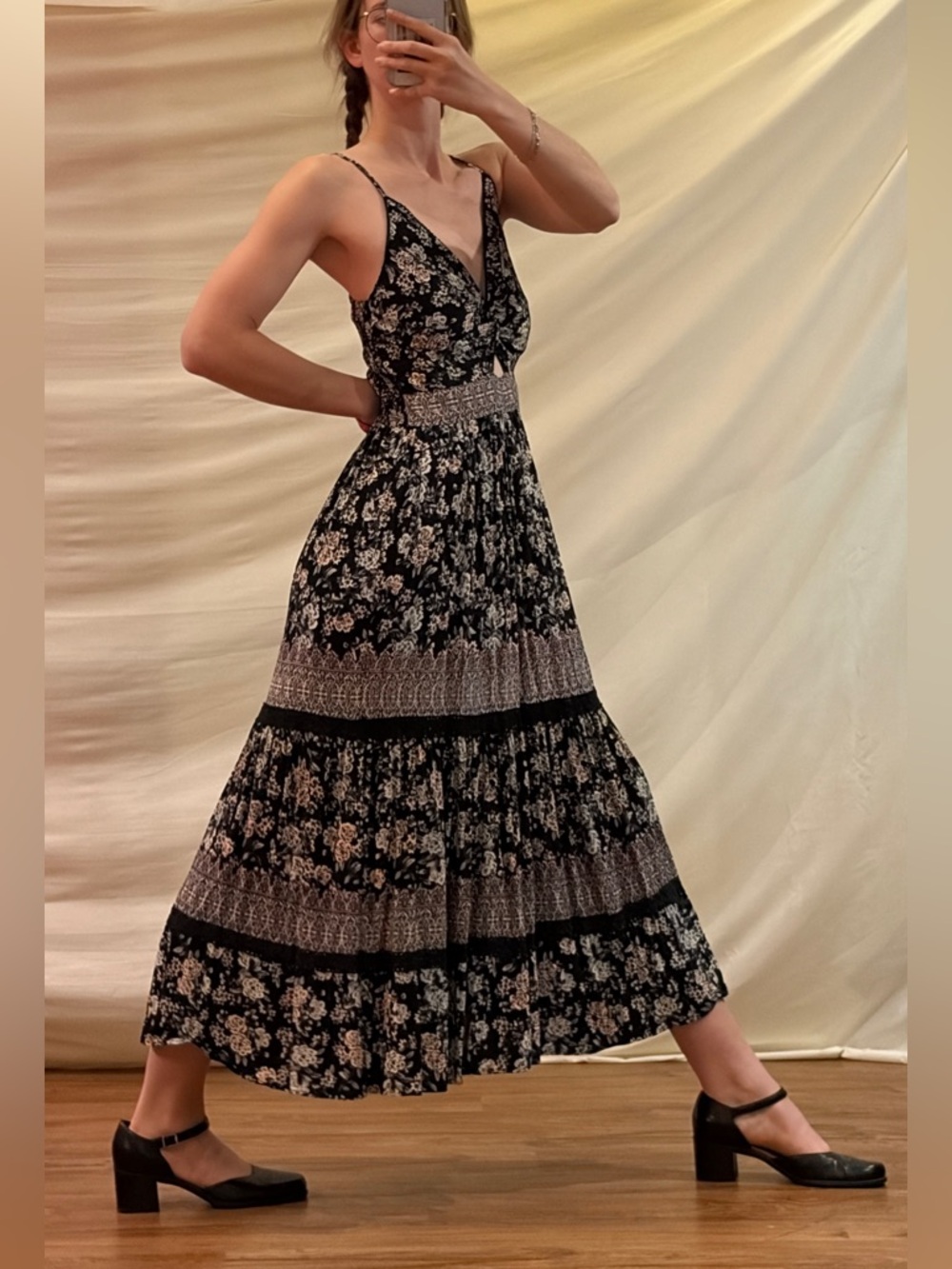 90s Angie Black and Floral Maxi Dress